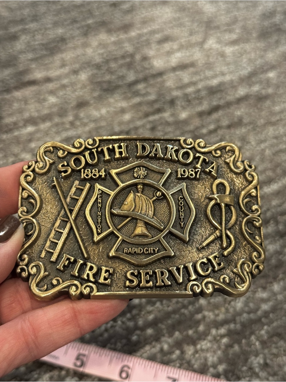 Vintage 1987 South Dakota Fire Pennington County Rapid City Brass Belt Buckle
